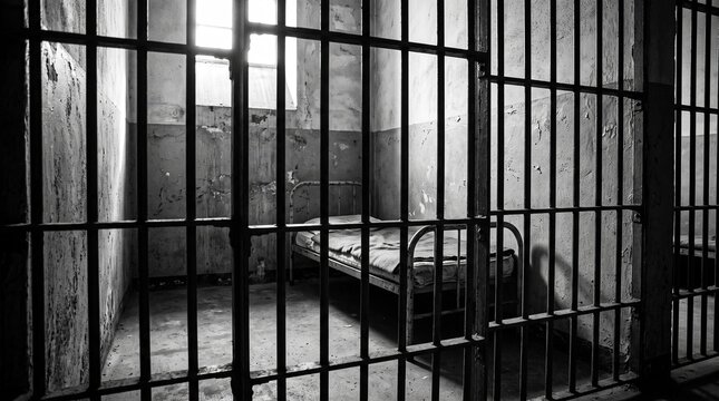 Monochromatic Prison Cell Interior with Bars and Bed, Concept of Incarceration and Solitude