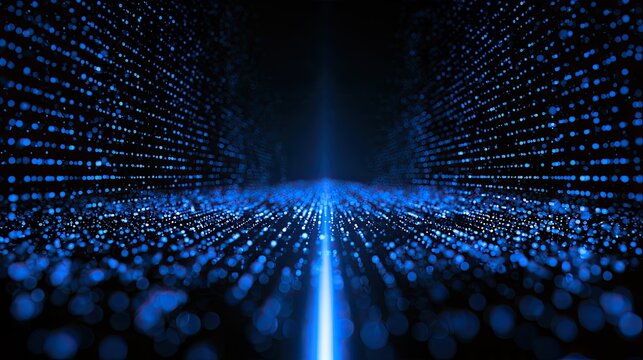 Digital tunnel of bright blue particles receding into darkness