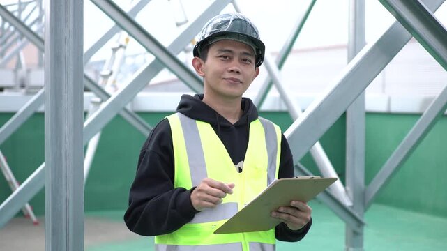 Male Construction Worker Gives a Thumbs Up While Holding a Clipboard