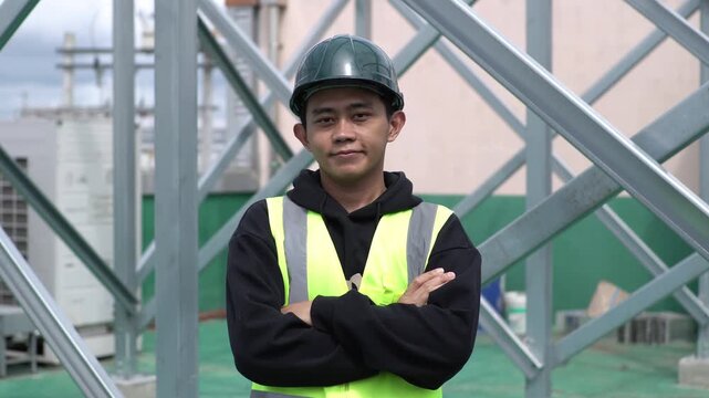 Confident Young Asian Engineer Posing at an Industrial Site
