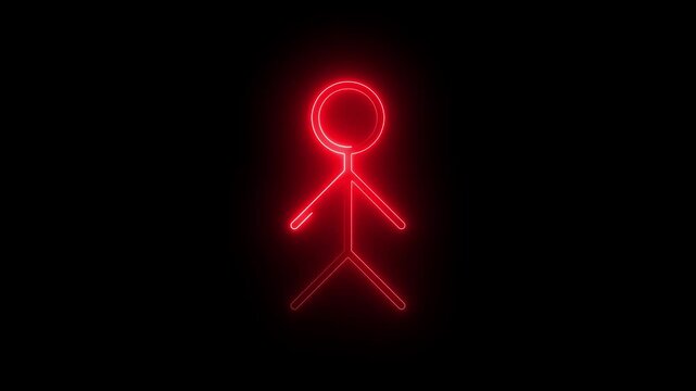 Glowing red neon stick figure icon isolated on a solid black background
