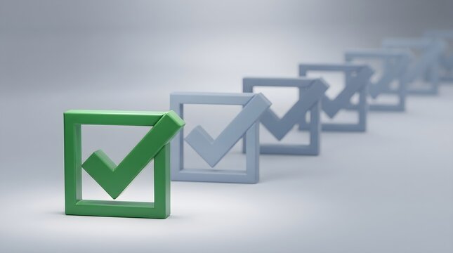 Green 3d checkmark in square box leading row of blue icons.