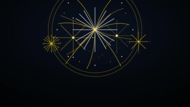 Golden starburst expanding into glowing abstract light lines across a dark night sky background showcasing festive holiday motion graphics and celebration visual effects video clip