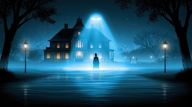Mysterious figure in a beam of light outside a haunted house