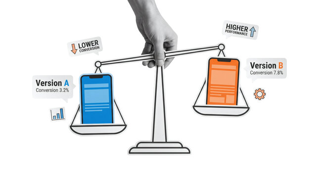 Grayscale hand adjusting a balance scale holding blue and orange mobile webpage designs labeled version A and version B with conversion metrics, isolated on a transparent background.
