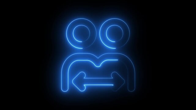Glowing blue neon icon representing social distancing and human interaction on black background