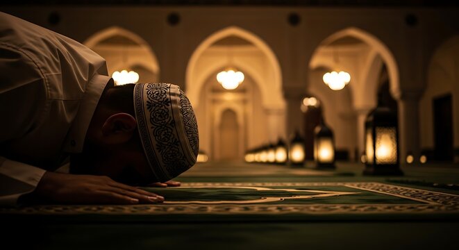 Man praying on a mosque carpet.