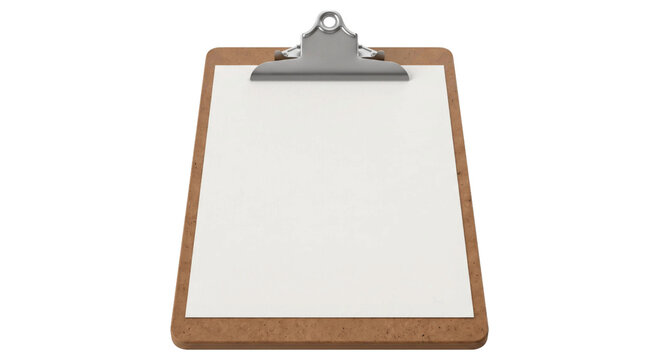 A blank clipboard with a metal clip and white paper, ready for notes