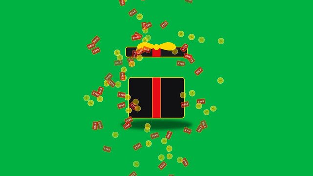 3D luxury matte black gift box with gold trim popping its lid open to launch gold percentage coins and red sale tags into the air on green screen. 4K UHD chroma key unboxing animation for holiday ecom