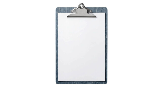 Clipboard with blank white paper and metal clip on a white background
