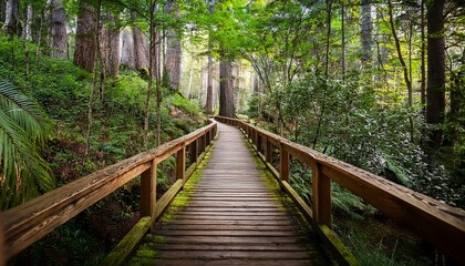 Fototapeta premium Tranquil Wooden Boardwalk Through Lush Forest