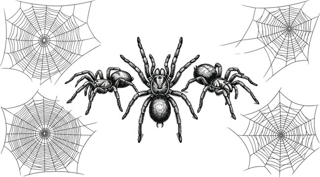 Vintage Engraving Style Spider and Web Vector Set with Realistic Tarantulas and Intricate Cobwebs for Spooky Halloween or Gothic Designs,