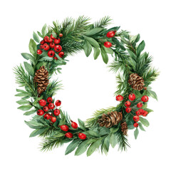 Fototapeta premium Evergreen wreath with red berry, pinecone, and botanical foliage decoration