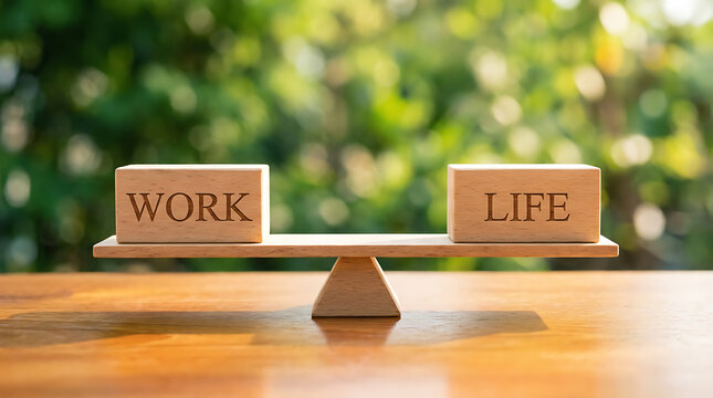 Wooden balance scale comparing work and life text blocks with mental health