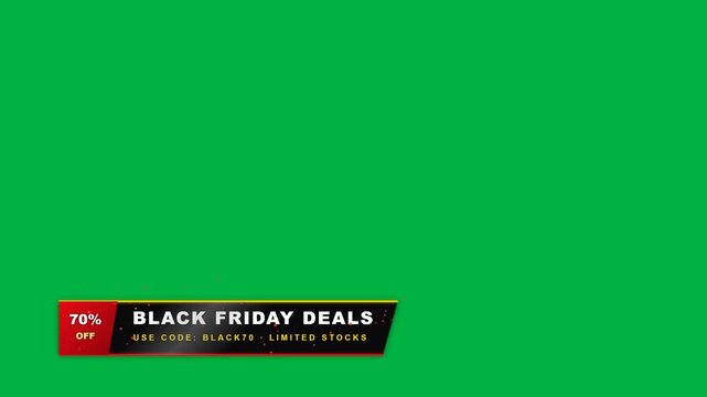 Angled cybernetic Black Friday broadcast lower third with glowing gold trim, neon red 70% OFF badge, and rising spark particles on green screen. 4K UHD chroma key overlay for YouTube reviews, streams,