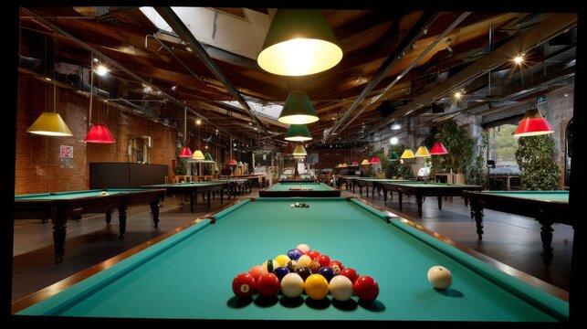 Spacious indoor billiard hall featuring multiple pool tables and hanging lamps