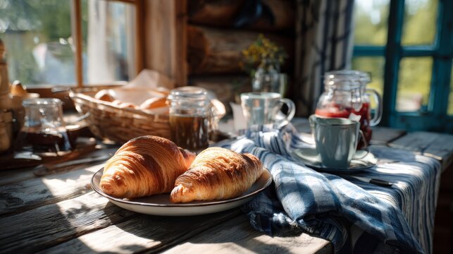 Fresh golden croissants on a rustic wooden table during morning breakfast