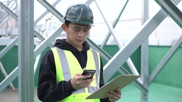 Young Asian Engineer Using Smartphone and Clipboard on Construction Site