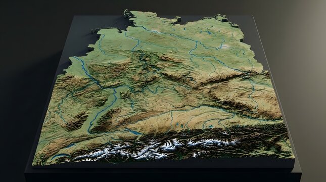 Detailed physical map of Germany with raised terrain, mountains, valleys, and natural geographic features displayed in realistic earthy colors.