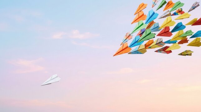 A single white paper airplane flies through a sky filled with colorful paper airplanes. The planes are various colors including red, orange, blue, and green.