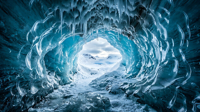 Interior view of a natural blue ice cave with frozen icicles and light