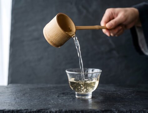 A pristine, elegant product close-up photograph. A stream of perfectly crystal-clear, unfiltered, yet refined Muroka sake flows from a traditional bamboo 'hishaku' ladle into a clear.