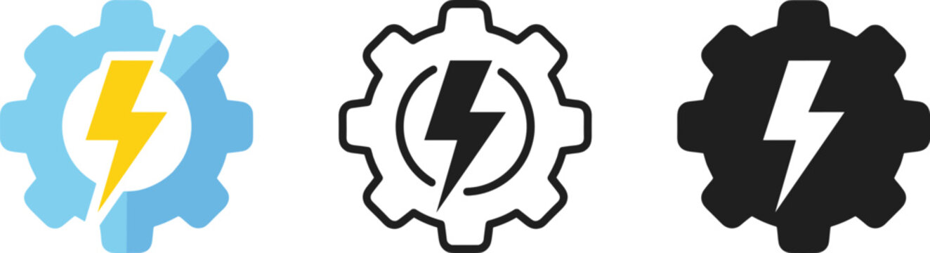 Energy efficiency gear vector illustration set featuring lightning bolt cogwheel icons representing power optimization, electrical engineering, and renewable tech