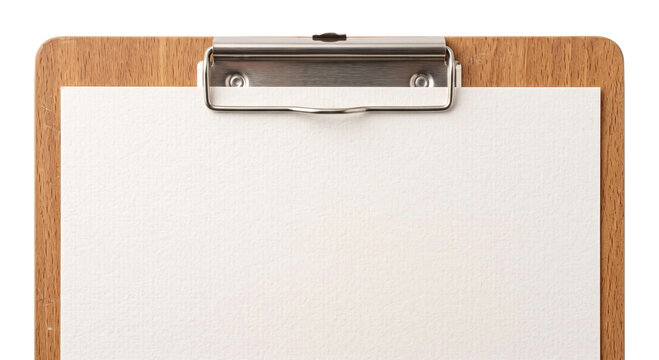 Wooden clipboard with blank white paper and metal clip, top view