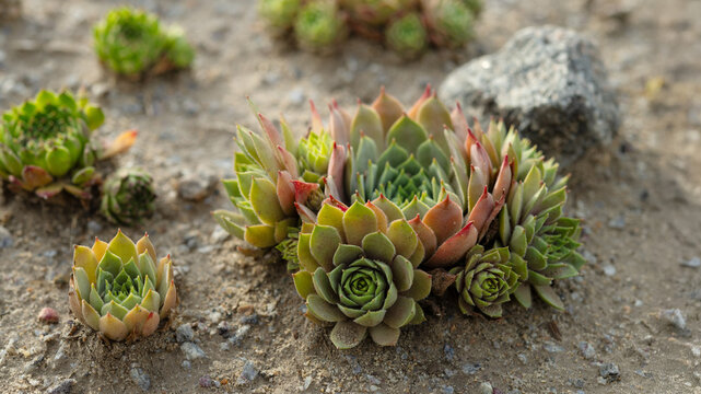 Sempervivum tectorum hens and chicks succulent plant on stony ground mockup