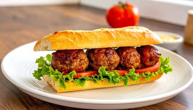 Meatball sandwich on white plate closeup.