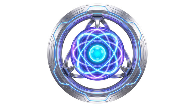 Futuristic atomic core with glowing blue png solated on transparent background