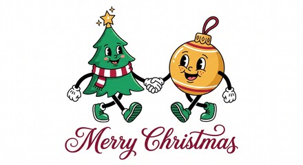 Fototapeta premium Retro Christmas tree and ornament characters holding hands