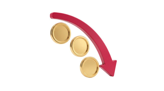 Gold coins decreasing with red downward png solated on transparent background
