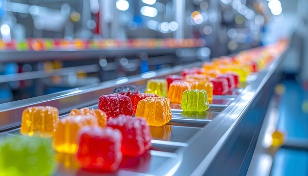 Colorful jelly candies moving on conveyor belt production line