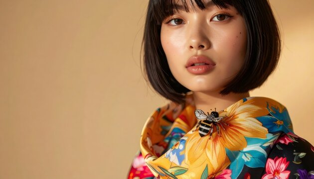 Young woman wearing elegant bee brooch and floral silk