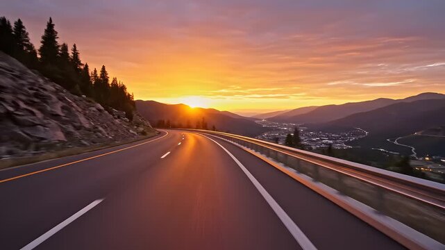 Scenic mountain highway winding through peaks during a vibrant sunset with orange sky and golden hour light over forest landscape