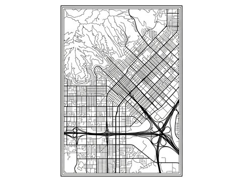 Minimalist Black and White City Map Art with Urban Grid and Mountain Topography