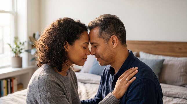 Mature Couple Sharing Intimate Moment on Bed with Foreheads Touching