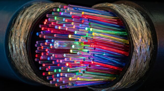 Cross section of a glowing fiber optic cable showing colorful light strands