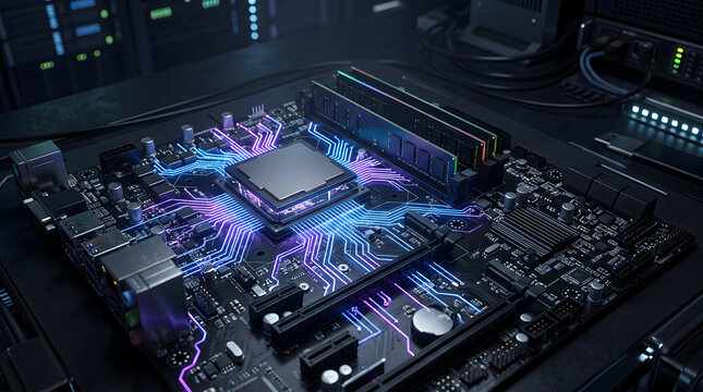 Computer processor chip on a motherboard with glowing neon circuit pathways