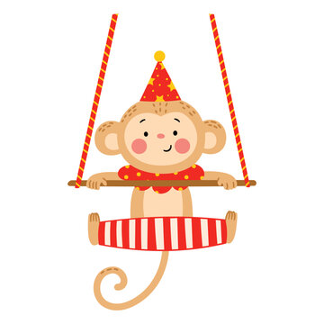 Cute monkey performing a circus acrobatic act on a horizontal bar, wearing a colorful party hat and costume. Flat vector illustration isolated on white background. Vector illustration