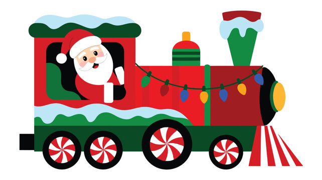 Cheerful Santa Claus waves from a festive red and green train adorned with snow and colorful lights