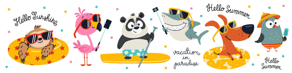 Fototapeta premium Cute flat vector collection of summer animals enjoying beach vacations, wearing sunglasses and having fun. Colorful cartoon illustrations for stickers, childrens products, travel and summer designs