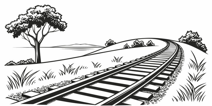 Illustration of railway tracks leading through a grassy rural landscape with train tracks railroad tracks winding trac