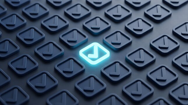 Glowing neon check mark icon among dark square background.