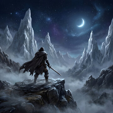 Dark fantasy knight with sword looking at snowy mountain peaks, cinematic medieval warrior and moon sky illustration