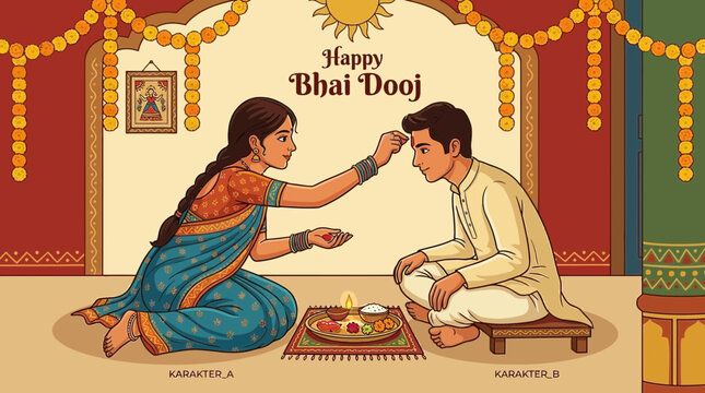 Decorative vector illustration showing a sister applying traditional tika to her brother for Bhai Dooj festival