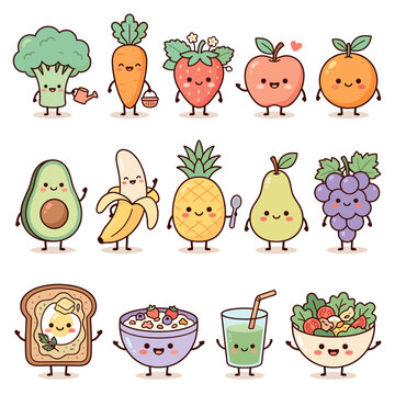 Set of cute happy food characters including fruit and breakfast items