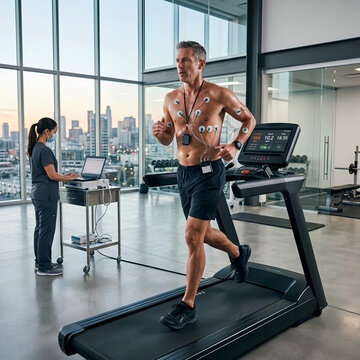 Man running on treadmill with ECG monitoring during fitness test