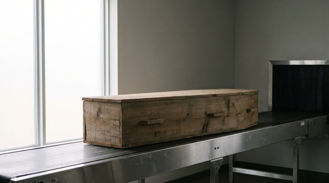 Simple wooden coffin on conveyor belt in modern crematorium